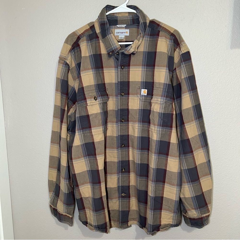 Carhartt Original fit long sleeve tan plaid button down shirt men’s size 2XL